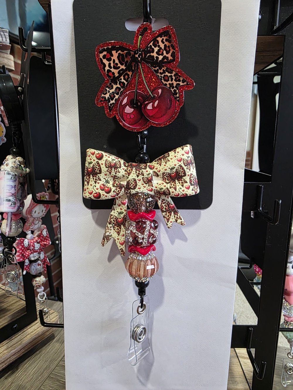 Decorative Cherry Bow Badge Reel - Red and Cream